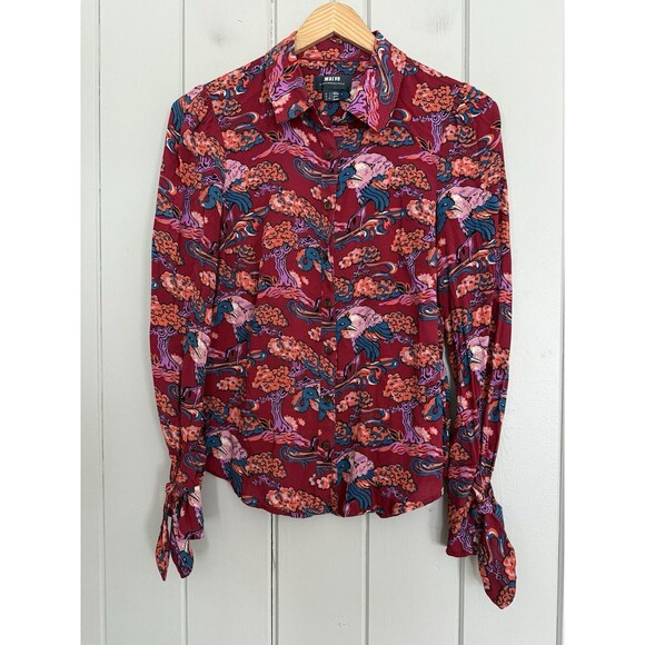 Maeve by Anthropologie 0 Blouse Burgundy Darla Bird Print Long Sleeve Viscose - Picture 1 of 5